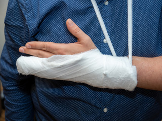 ..Close up hand of man with bandage and gypsum. a broken plastered arm after accident.