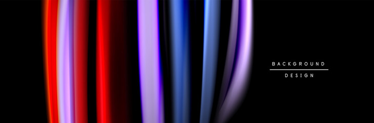 Silk and smooth flow wave poster design. Color waves, liquid style lines and shapes in black color background