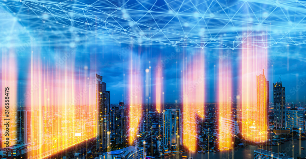 Poster smart city,communication technology and wireless network connection of modern city concept.abstract 