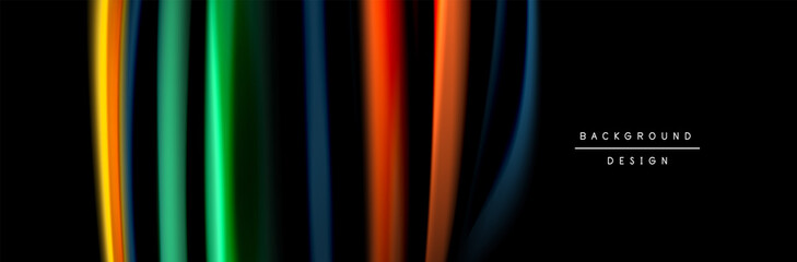 Silk and smooth flow wave poster design. Color waves, liquid style lines and shapes in black color background