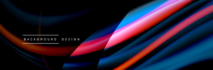 Сolorful flow poster. Wave liquid lines and shapes in black color background. Vector Illustration