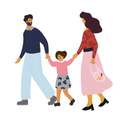 Happy family go for a walk. Mother and father holding them childs hands and walking. Family concept. Flat colorful vector illustration in trendy cartoon style