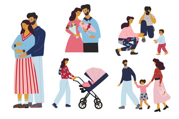 Set of family stages: pregnancy, childbirth , breastfeeding, first steps, walking with baby and kid. Happy family concept. Flat colorful vector illustration in cartoon style. 