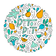 Round colorful frame with the words detox diet. Hand-drawn composition with design elements and lettering. Vector illustration on the theme of a healthy diet and detoxification of the body.