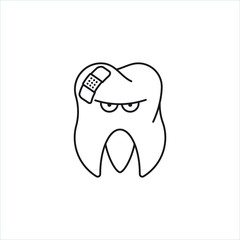 Toothache icon. Tooth with band aid vector symbol.