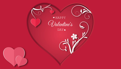 Valentine's day concept with red pink paper hearts hanging on tree branch,floral paper, Paper cut style, Vector symbols of love,red pink gradient background