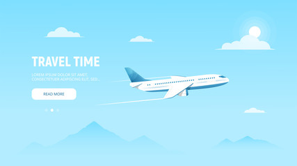 Airplane flies in the sky over peaks mountains. Travel, business flights, cargo delivery worldwide. Aircraft flight. Concept web banner time to travel. Vector illustration in flat style.