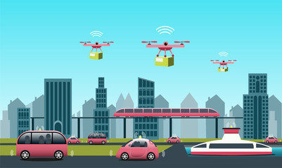 City view with renewable electrified public transports. Driverless vehicles and drones for light deliveries. Everything connected using IoT enabling optimization of resources. 