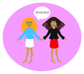 Two girls in fashionable clothes and without shoes hold each other's hand