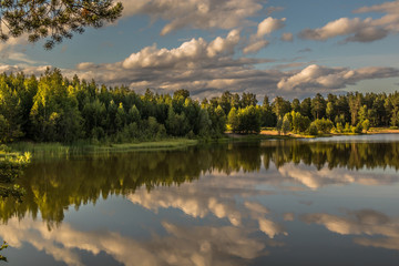 Mirror surface of a forest lake in clear summer weather