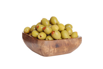  isolated wood bowl of pimento green olives