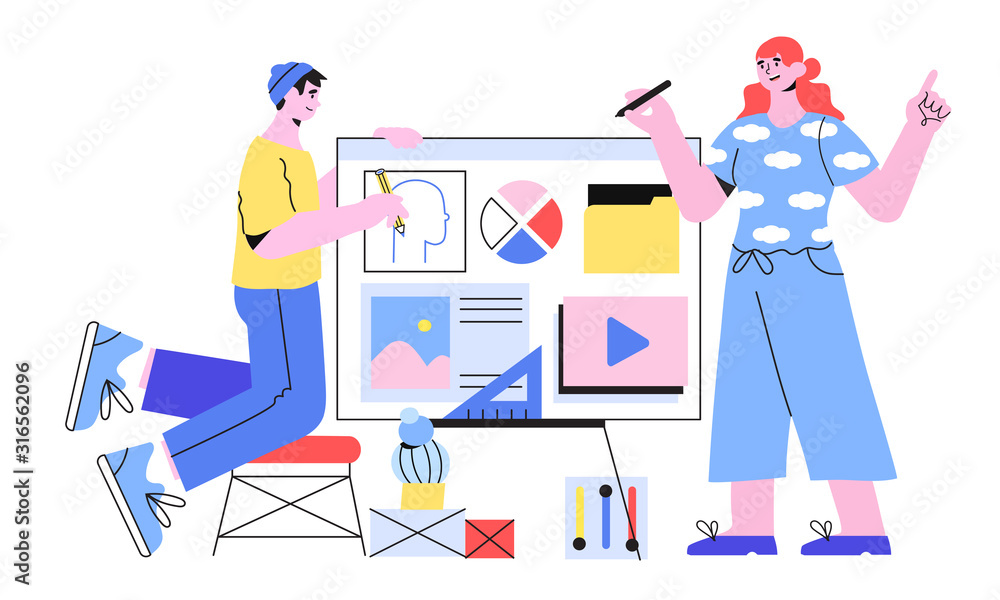 Poster vector illustration of designers doing presentation or preparing a new project. creative team of web