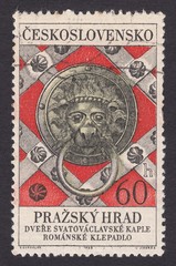 Obraz premium Romanesque door knocker, Saint Wenceslas Chapel. Prague Castle, stamp Czechoslovakia circa 1968