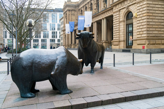 Bull and bear sculpture in front of Frankfurt Stock Exchange in Germany on January 27, 2018
