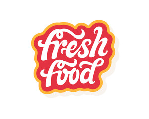 Fresh Food vector inscription. Unique handdrawn lettering signboard.