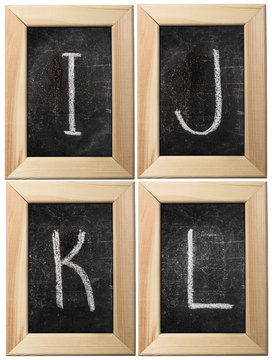 Part of the alphabet drawing with chalk on the old scratched chalkboard background with wooden frame. Letters: I, J, K, L. The other letters of this alphabet can be found in my partfolio