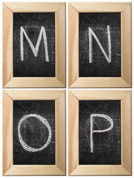 Part of the alphabet drawing with chalk on the old scratched chalkboard background with wooden frame. Letters: M, N, O, P. The other letters of this alphabet can be found in my partfolio