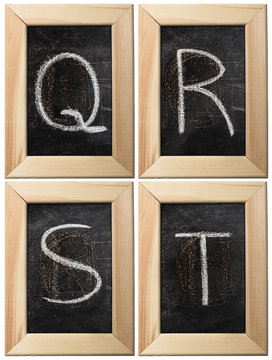 Part of the alphabet drawing with chalk on the old scratched chalkboard background with wooden frame. Letters: Q, R, S, T. The other letters of this alphabet can be found in my partfolio