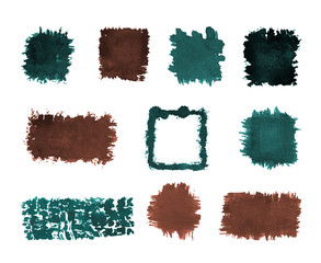 Vector watercolor square and rectangle rough shapes set in brown and green color isolated on white background.