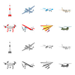 Vector illustration of plane and transport symbol. Collection of plane and sky stock symbol for web.