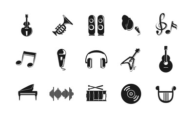 music icon set with guitar, drums, headphones icons
