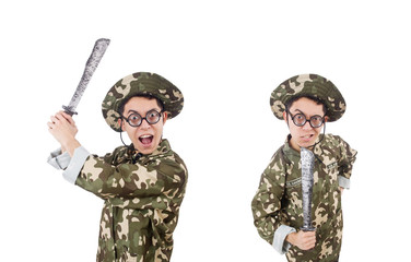 Funny soldier with knife on white