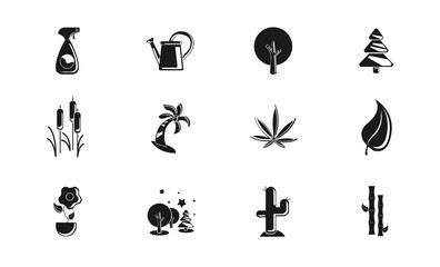 plants flat icons set with bamboo, cactus, marijuana leaf, palm vector illustrations