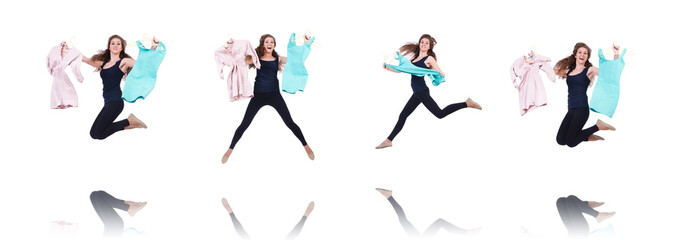 Woman trying new clothing on white