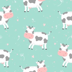 Seamless pattern with cute cartoon character cow. Print for baby shower party. Vector print with baby cow.