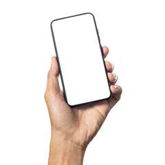 Hand man holding mobile smartphone with blank screen isolated on white background with clipping path