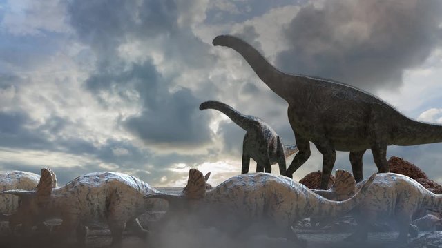different dinosaurs on prehistoric background of nature, 3d render