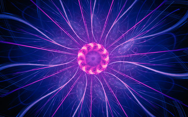 fantastic abstract symmetrical flower with petals consisting of a variety of geometric shapes of different colors on a black background