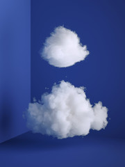 3d render, white fluffy clouds levitating inside the minimal room interior. Objects isolated on...