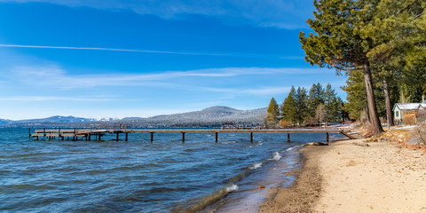 The Lake Tahoe in Nevada and California, panorama of a pontoon for mooring boats in winter