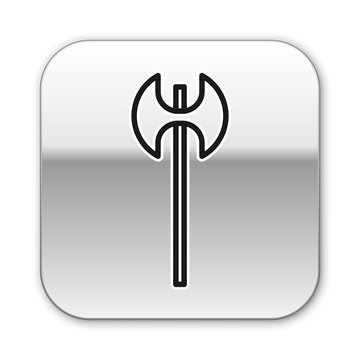 recommend clip art: Black line Medieval axe icon isolated on white background. Battle axe, executioner axe. Medieval weapon. Silver square button. Vector Illustration