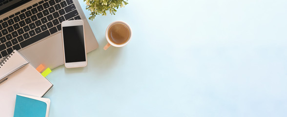 Simple Top view table - Creative flat lay office desk. Laptop, notebooks and coffee cup on white...