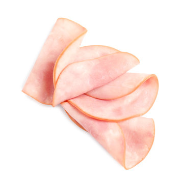 Slices Of Tasty Fresh Ham Isolated On White, Top View