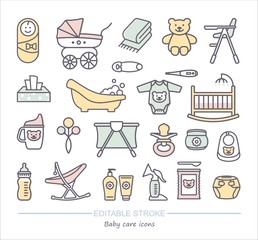 Baby care. Line icons with editable stroke