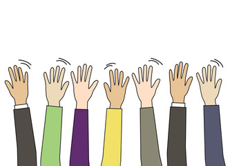 Hands up. People raised their hands up. People vote, wave their hands. Vector illustration isolated on a white background.