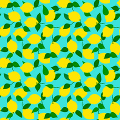 Lemon seamless pattern on blue background with green leaves.Suitable for printing on fabric, wrapping paper.Tropical stylized fruit. Vector