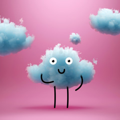 3d render, friendly cartoon character, blue cotton cloud mascot standing, looking at camera. Cute clip art isolated on pink background. Kawaii illustration for kids