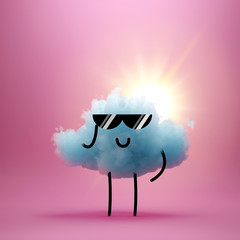 3d render, cute little confident mascot, wearing sunglasses, blue cloud cartoon character isolated on pink background, sunshine, sunset. Smiling face, facial expression. Kawaii illustration for kids