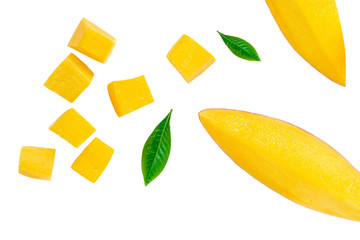 Mango fruit with leaves and half of mango  isolated on white background close-up. Top view. Flat lay.