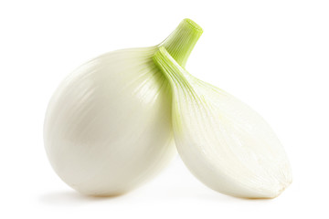 Fresh Bulb Onion vegetable and onion slices isolated on white background, close up.