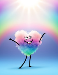 3d render, heart with happy face, cartoon character, cotton cloud mascot, rainbow gradient, lgbt concept, clip art isolated. Kawaii illustration