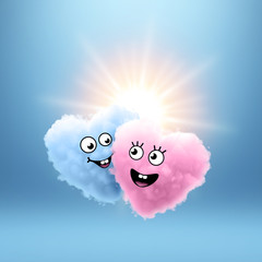 3d render, blue pink hearts couple, cartoon characters smiling, happy face, sunshine. Valentines day clip art isolated on blue background. Cotton cloud mascot. Kawaii illustration. Love symbol.