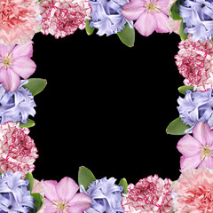 Beautiful floral background of carnation, clematis and hyacinth. Isolated