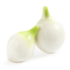 Onions isolated on white background. Fresh organic Bulbs of Onions with slices close up.