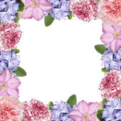 Beautiful floral background of carnation, clematis and hyacinth. Isolated