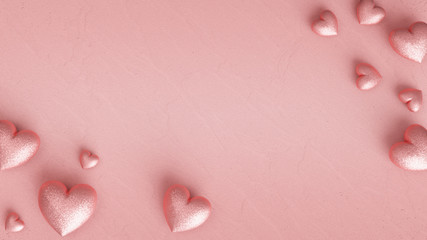 Many glittering pink hearts on pastel pink plaster.3D render.